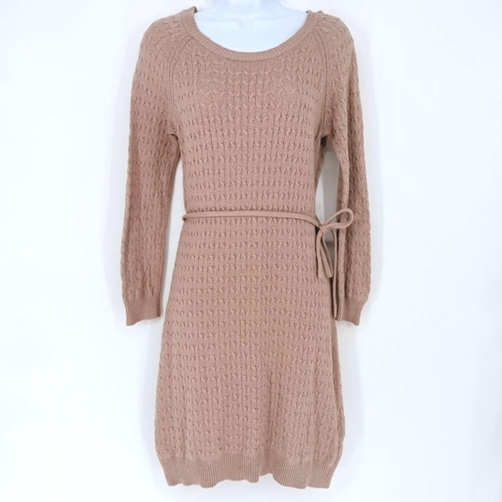 H&M Taupe Cable Knit Long Sleeve Belted Wool Blend Sweater Dress Minimalist M